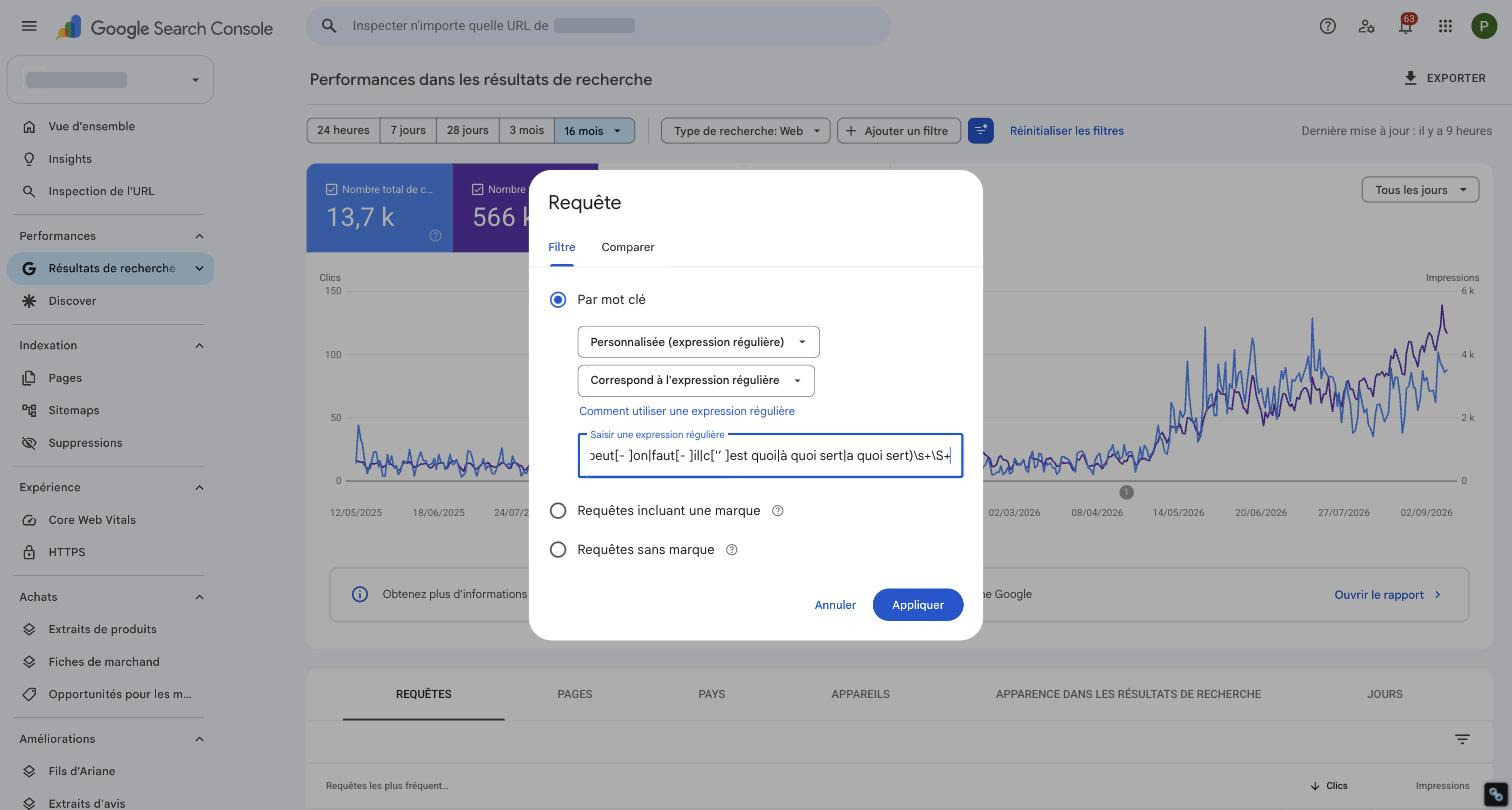 La fenêtre Requête de la Search Console, avec les menus « Personnalisée (expression régulière) » et « Correspond à l'expression régulière », et le champ contenant la clé.