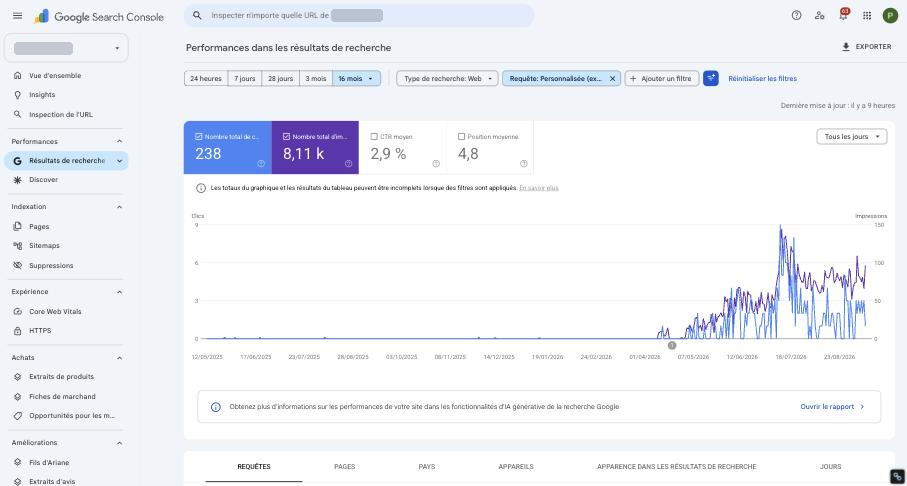 Le même rapport après application de la clé : 238 clics, 8,11 k impressions, CTR moyen 2,9 %, position moyenne 4,8, avec le filtre « Requête : Personnalisée » actif.